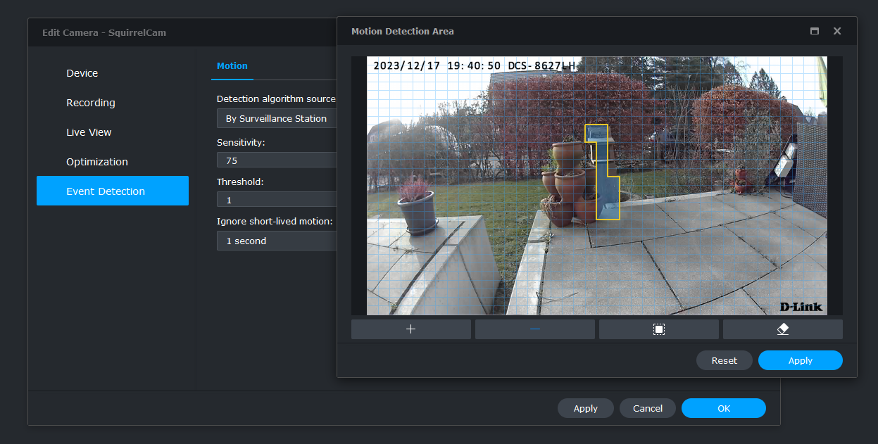 Screenshot from "Motion Detection Area" within Surveillance Station